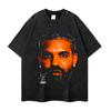 Camiseta de Manga Curta Estilo Retro Europeu e Americano Desgastado com Retrato Impresso de Cantor Rapper Gráfico de Cabeça Grande Transfronteiriça