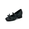 Sapatos de salto bloco com laço de cetim para mulheres, 7cm de altura, estilo fada 2026, Mary Janes de tira única com bico redondo