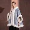 Capa para Mujer, Ropa de Abrigo, Forro Polar Otoño e Invierno, Lana Sintética, Azul Copo de Nieve, Con Capucha, Holgada, Talla Grande, Abrigo Grueso, Poncho
