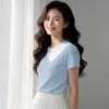 Nueva Camiseta Redonda de Mujer de 220g con Alta Elasticidad, Mangas Cortas Lisas Acanaladas, Hombro Normal, Corte Ajustado, Camiseta Básica de Moda