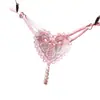 Calcinhas sexy com pérolas em formato de coração e renda, calcinhas femininas sedutoras de entrepernas abertas, lingerie erótica de entrepernas abertas sem remoção