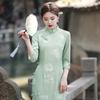 Princesa Jin Jin novo outono retrô verde fresco estilo fada para menina elegante crepe Jinhe cheongsam artístico