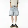 2026 Nuevo Estilo Retro Americano Shorts de Mezclilla Azul Desgastado Rectos Holgados Rasgados de Longitud Media para Hombre