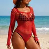 Lingerie sexy com jacquard em forma de coração, emendas em rede, recorte no busto, biquíni de peça única com mangas, traje de rede transparente sedutor atacado