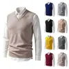 Colete de tricô sem mangas com gola V para outono e inverno, suéter quente, camada interna de cor sólida, colete de lã, camiseta básica