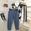 Outono e inverno 2021 Novo estilo coreano calça reta pequena versátil cintura alta modeladora cropped harém jeans do papai para mulheres