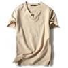 Camiseta de Linho de Manga Curta Estilo Japonês de Verão Masculina Retrô Algodão e Linho Manga Média Moda Jovem Moderna Cor Pura Camiseta de Dois Botões