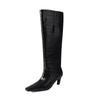 Botas Marrones Nuevas Botas Largas para Mujer Tacón Fino Estampado de Piedra Vaca Repujada Elegantes Punta Cuadrada Botas de Jinete de Caña Alta Look Delgado