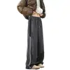 Calça de Camurça com Três Listras Forrada com Lã Masculina de Inverno Espessada Quente High Street Wide Leg Calça Esportiva Reta Casual