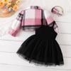 Set de Tres Piezas Popular Transfronterizo para Bebé de Primavera y Otoño de Amazon, Chaqueta a Cuadros de Manga Abullonada, Falda de Gasa con Tirantes y Lazo, Diadema