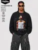 Camiseta de Manga Larga Oversize con Hombros Caídos Lavada Estilo Retro Americano Estampado Directo para Hombre