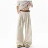 Calça de Sarja Plissada de Linho Falso Estilo Old Money para Homens, Verão Fina Solta Casual Esportiva de Perna Reta Caída Longa