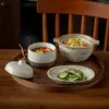 Juego de vajilla de cerámica rústica vintage para una persona, que incluye cuenco de sopa de cerámica con dos asas, olla de estofado, plato pequeño y cuenco para fideos para uso doméstico/comercial