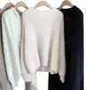 Suéter Básico Feminino de Cashmere Curto Outono/Inverno 2025 Versátil Gola Redonda Solto Lã Macia Waxy Europeia