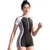Maiô peça única feminino alta elasticidade perna reta conservador estilo esportivo moda praia feminino perna reta bloco de cor zíper manga curta