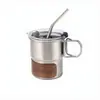 Taza portátil de acero inoxidable 304 con popote, asa con veta de madera, taza de café para exteriores, vaso de agua irrompible, taza con popote