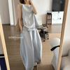 Traje Adelgazante Estilo Coreano Azul Lago Nuevo Chaleco Sin Mangas Anudado Color Sólido Pantalones Pierna Ancha Cintura Alta Moderno Versátil