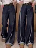 Jeans Estilo Americano Pierna Ancha talla extra Adelgazantes Perezosos Sueltos Moda Nueva Otoño 2024 Pantalones con Abertura Lateral Color de Contraste para Mujer