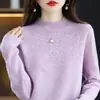 Suéter Feminino de Lã com Gola Meia Alta, Camiseta Base de Tricô Cashmere Slim Seamless, Top Solto Vazado Outono e Inverno