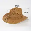 Sombrero de vaquero de paja natural tejido a mano, transpirable, con diseño calado para playa en verano, sombrero de jazz de ala ancha estilo americano europeo y americano