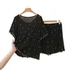 Pijama de Modal para Mulheres, Conjunto de Shorts de Manga Curta Fino para o Verão, Estampa de Estrelas, Bordas com Babados, Solto e Fresco para Usar em Casa