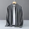 Chaqueta de punto 100% lana pura para hombre, con patrón de espiga de trigo, estilo business-casual, cuello alto, cremallera y corte holgado y versátil