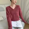 Nuevas Camisetas de Color Puro para Otoño e Invierno con Aspecto Holgado, Cálido y Adelgazante Estilo Perezoso Cuello en V Cachemir Camisetas de Punto para Mujer
