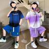 Traje casual de verano para niños, nuevo, estilo coreano, letras, color degradado, top moderno, shorts, conjunto de dos piezas