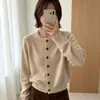 Elegante cardigã suéter redondo de lã para mulheres, estilo novo outono 2026, cardigã de tricô curto simples e macio