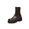 Botas elásticas finas de sola grossa que aumentam a altura com salto grosso de 6,5 cm, botas curtas femininas estilo coreano, modernas e estilosas, de outono, com bico redondo, estilo britânico