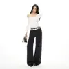 Pantalones Casuales de Pierna Ancha Sueltos de Tiro Medio-Bajo Lavados Vintage Minimalistas Retro Americanos para Mujer en Azul Marino Pantalones Rectos