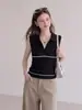 Chaleco de Punto de Alto Gama Francés con Rayas de Bloques de Color y Cuello en V para Mujer, Verano Casual Versátil Adelgazante Temperamento Azul Oscuro Top
