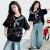 Blusa Casual Graffiti Estilo Coreano para Crianças de Meia-Idade e Mais Velhas Verão Nova Chegada Cor Sólida Senso de Design Camiseta Estampada de Manga Curta