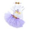 Atacado transfronteiriço ins roupas infantis novo desenho animado aniversário manga curta vestido princesa cor acessório de cabeça conjunto de três peças