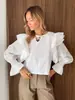Blusa Longa Branca de Poliéster-Algodão com Manga Bufante, Cadarço e Recortes, Estilo Delicado para Mulheres, Design Transfronteiriço Europeu e Americano, Blusa para o Dia a Dia
