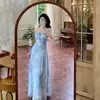 Vestido de Suspensório com Design de Contas Azuis Estilo Resort para Mulheres, Verão, Cintura Longa