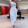 Otoño 2023 nuevo europeo y americano transfronterizo transfronterizo moda color sólido cuello oblicuo manga de encaje abertura vestido sexy