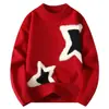 Suéter Rojo de Fábrica Original para Hombre, Tejido Jacquard de Estrella de Cinco Puntas a la Moda, Camisa Base Casual Holgada para Hombre