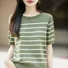 Suéter de punto de algodón de manga corta a rayas retro francés con cuello redondo, adelgazante, agradable para la piel, camiseta top