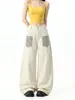 Jeans de moda con parche de leopardo y remaches, bolsillos de parche, empalmados, para hombre y mujer, pantalones holgados de pierna ancha, hasta el suelo, curvos