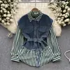 2023 Manga Longa Falso Duas Peças Top Feminino Amarração na Cintura Solto Mais Fácil de Combinar Jeans Patchwork Camisa Listrada Estilo Literário