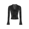 Camisa feminina de renda com decote V, manga longa, corte justo, top curto, estilo puro desejo, mangas sino, camisa base, novo modelo outono e inverno