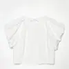 Venta al por mayor transfronteriza 2026 Moda europea y americana para mujer, blusa con lazo en la espalda, dobladillo con volantes y mangas acampanadas F41562