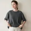 Suéter de Caxemira Feminino Novo Estilo Outono 2026, Gola Redonda Larga, Comprimento Médio, Manga Curta, Cor Sólida, Loose Casual, Tricô Pulôver
