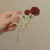 Gamuza Rosa Estilo Chino Taladro Flash Flor de Rosa Pinza de Agarre Tocado Pasador para el Cabello Mujeres Parte Superior de la Cabeza Sentido Pinza de Tiburón