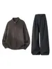 Conjunto de Roupa Han Lu Estilo Old Money Relaxado: Suéter com zíper e gola alta combinado com calça casual curva em mistura de lã sintética drapeada