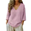 Top Casual Suelto de Moda Europeo y Americano Transfronterizo 2026 Amazon Primavera/Verano Nuevo para Mujer con Mangas Medias y Cuello en V de Algodón de Bambú