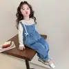 Traje de Mezclilla Nuevo Estilo para Niñas Primavera y Otoño con Cuello de Encaje y Lazo, Conjunto de Tres Piezas, Elegante y Dulce, Ropa Infantil de Moda