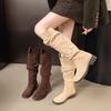 Botas vaqueras occidentales de tacón grueso estilo retro Maillard 2025 Otoño Nuevas Elegantes Versátiles Puntera redonda Botas altas de caballero para mujer