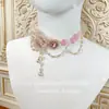Colar Lolita Original, Corrente de Pérolas com Pedra Flor de Rosa, Lindo Acessório de Pescoço Corrente Clavicular, Acessório de Noiva Lolita
